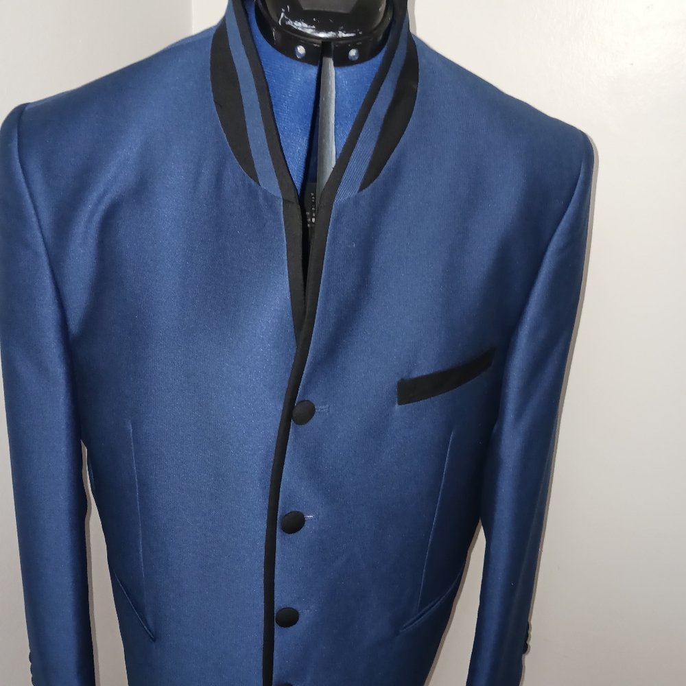 Vinci Blazer Mens Italy 42R Mandarin Collar Blue Black Button Prom Wedding